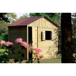 Abri de jardin Bois 5,90 m², Élise, toiture couleur terre cuite Pin, Vert par imprégnation, L. 2 m x l. 2,97 m x h. 2,95 m