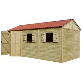 Abri de jardin Bois 17 m², Minotière, toiture couleur terre cuite Pin, Vert par imprégnation, L. 5,80 m x l. 2,97 m x h. 2,95 m