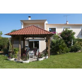 Kiosque en bois carré avec toiture tôle couleur terre cuite Pin, Vert par imprégnation, L. 3 m x l. 3 m x h. 3,50 m