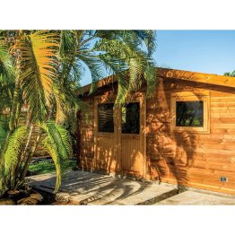 Abri de jardin Bois 18,60 m², Dolène, toiture couleur terre cuite Pin, Marron par imprégnation, L. 5,34 m x l. 4,39 m x h. 2,78 m