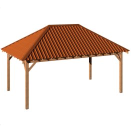 Kiosque en bois rectangulaire avec toiture tôle couleur terre cuite, Pin, imprégnation colorée marron, L. 6,50 m x l. 4,50 m x h. 3,84 m