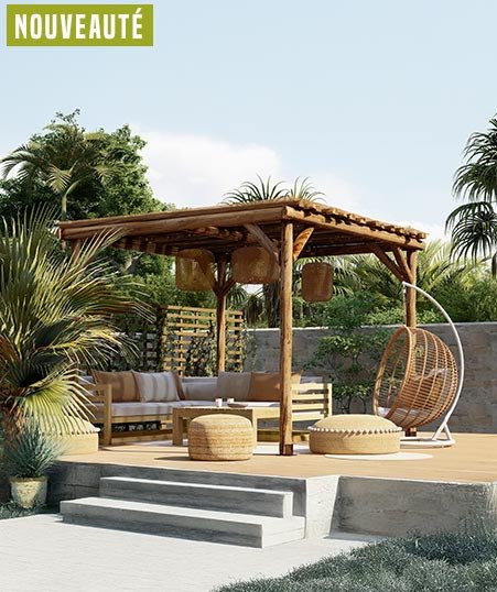 Pergola Bois ronds Autoportée ESMÉE en Pin Marron - L. 3 m x l. 3 m x h. 2,36 m Vivre en Bois